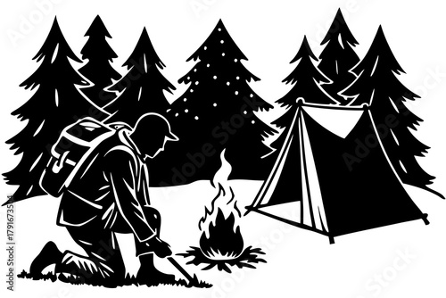 Silhouette of a camper tending a campfire next to a tent in a forest