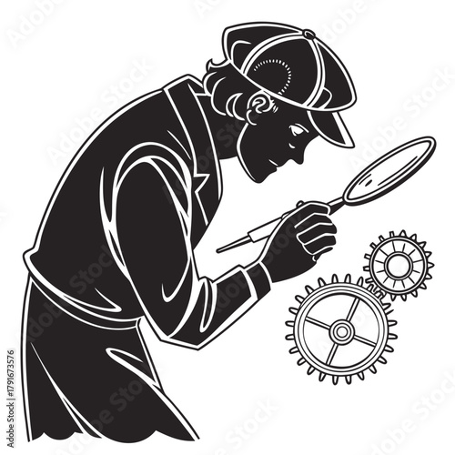 Detective examining gears with magnifying glass in black and white illustration