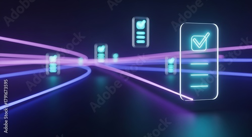 Streamlined digital workflow with glowing checklist icons for modern business solutions, ensuring efficient task management and increased productivity today