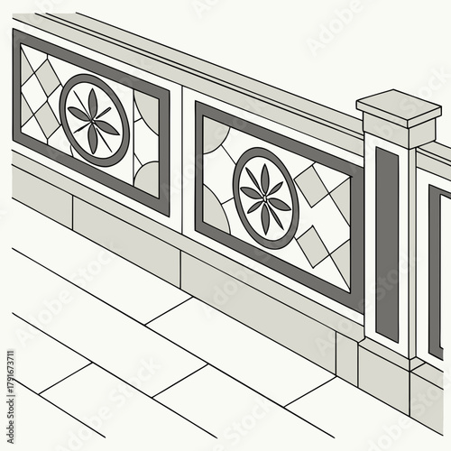 Ornate balustrade with geometric and floral motifs and paved walkway