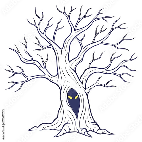 Spooky dark tree with glowing eyes in the trunk