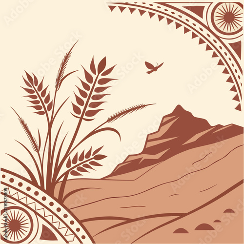 Stylized wheat field with mountains and decorative borders