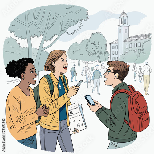 Diverse university students socialising on campus, engaging in cultural exchange and discussion. Young people using smartphones and interacting in an outdoor European setting. College campus 