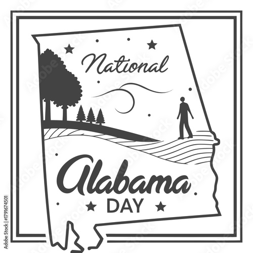 National Alabama Day Vector Illustration, Alabama State Map with Flag and Southern Symbols Isolated on White Background