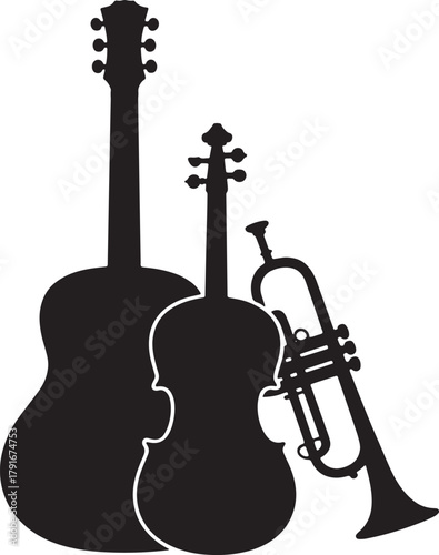 Minimalist Silhouettes of Acoustic Guitar and Trumpet — Black and White Abstract Musical Instruments