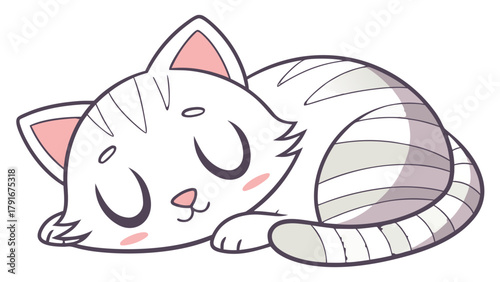 Illustration of a curled up white cat with gray stripes sleeping peacefully on a white background