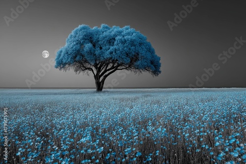 a blue tree in the middle of a field with blue flowers, under moonlight, in black and white photography.
