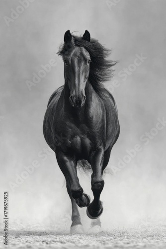 a majestic black horse galloping freely across the misty meadows, its mane flowing in the wind. full-body portrait.