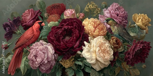 a bouquet of flowers, peonies and roses in dark reds, pinks, purples, yellows, and green hues, with leaves, vines, and birds interwoven among them, on a gray background