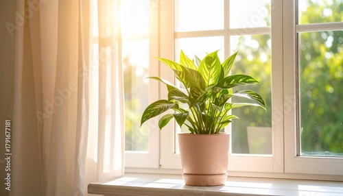 Sunlight streams through window with illuminating houseplant on windowsill, and home decor.