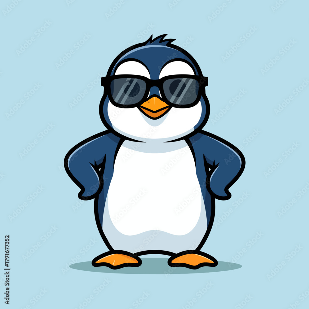 Obraz premium Cartoon Cute Penguin with Sunglasses Isolated on Light Blue Background Illustration
