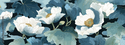 藍色の葉に囲まれた白いポピーの花のベクターイラストレーション、エレガントな装飾デザイン
