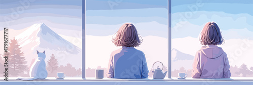 窓辺で猫とお茶を楽しむ女性、雪化粧した富士山を眺める穏やかな冬の朝の風景
