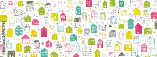 カラフルで手描きの家々が描かれた、白地を背景にしたシームレスなベクターパターン。