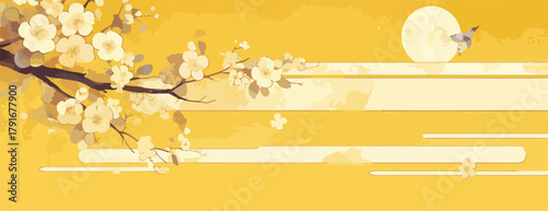 満月と桜の枝、蝶が舞う、明るい黄色い背景のベクターイラスト