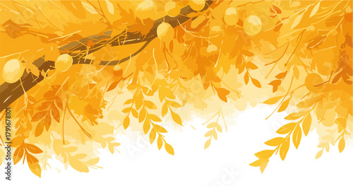 秋の木々、葉、果実、枝、鮮やかなオレンジ色の背景、ベクターイラスト、水彩風