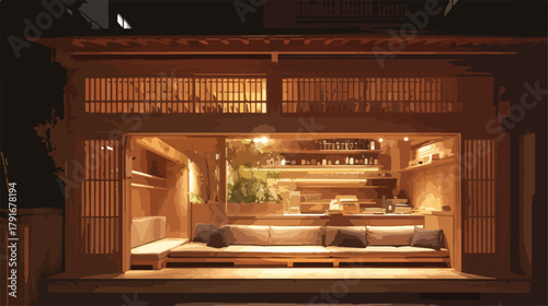 日本の伝統的な木造建築とモダンなインテリアが融合した、温かい光に包まれた居心地の良い空間