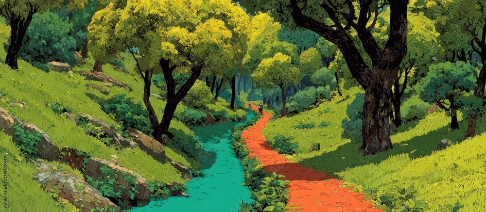 Obraz premium Forest scene with path, river, lush trees, and grassy slopes