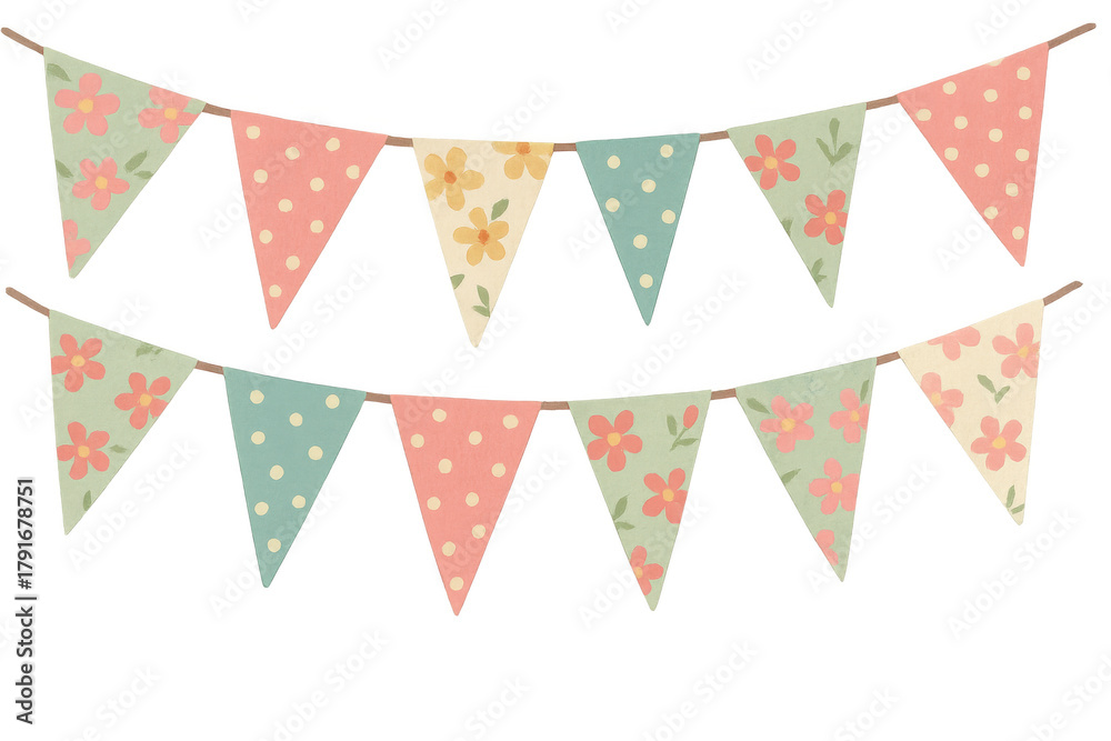 Obraz premium Colorful bunting garland string of patterned flags for party decoration, celebration, festive event, and holiday background