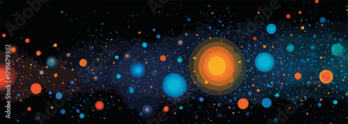 広大な宇宙空間に浮かぶ、カラフルで輝く惑星や星雲のベクターイラストレーション。