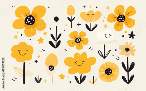 笑顔の黄色い花々と植物のイラスト、ベクター素材、春の訪れ、自然、可愛らしいデザイン