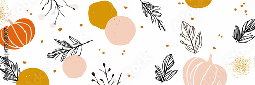 秋の収穫をテーマにした、カボチャ、葉、水玉模様のベクターイラストパターン