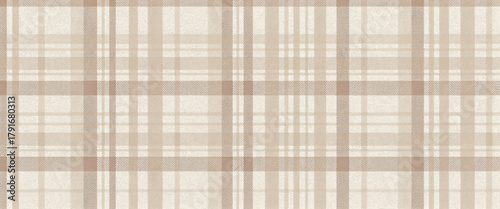 Minimalist digital plaid with prominent dark brown grid lines, filled with subtle light brown and beige rectangles. Textured resembling woven cloth, with warm neutral colors.