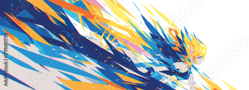 鮮やかな青、オレンジ、黄色の抽象的な幾何学的形状がキャラクターの周りに爆発し、ダイナミックな動きとエネルギーを表現しています。