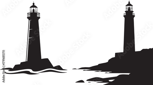 High-Contrast Lighthouse Silhouette — Dramatic Black and White Coastal Scene with Waves and Rocky Shore