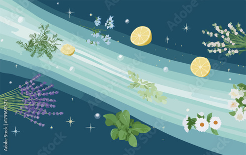 ハーブとレモンの爽やかな香りが漂う、青い波とキラキラ輝く星屑のベクターイラスト