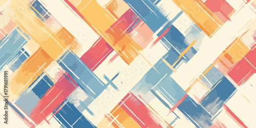 カラフルなストライプとチェック柄の抽象的な背景、手描きのブラシストローク風デザイン