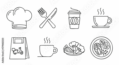 Professional line art icons for the food and beverage industry: Chef Hat, Cutlery, Coffee, Hot Drinks, Food Delivery Bag, and Healthy Meals. Essential for restaurant menus, catering apps.