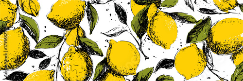 レモンと葉っぱのシームレスなベクターパターン。明るく爽やかな夏のテクスチャ。
