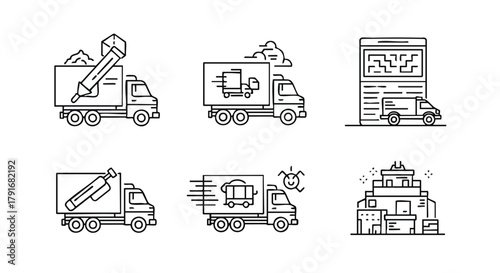 Professional line art icons for the logistics industry: Delivery Trucks, Shipping Cargo, Fast Delivery, Tracking System, and Warehouse/Distribution Center.