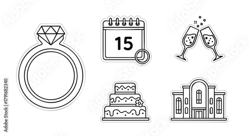 Minimalist line art icons for special events: Engagement Ring, Calendar Date, Champagne Toast, Wedding Cake, and Venue. Perfect for event planners, bridal websites, and invitations.