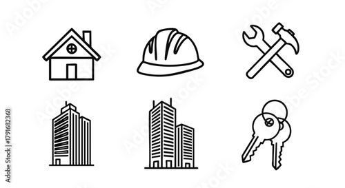 Minimalist line art icons for the property and building industry: House, Hard Hat, Tools, Office Buildings, and Keys. Ideal for property listings, construction firms, and architecture websites.