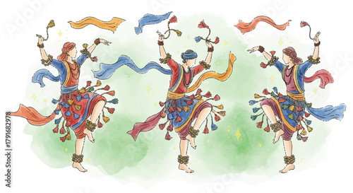 Three dancers in colorful traditional clothing perform a folk dance with ribbons and tassels against a soft green background.