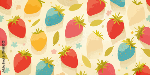 カラフルなイチゴと葉っぱのシームレスパターン、ベクターイラスト、可愛らしいデザイン