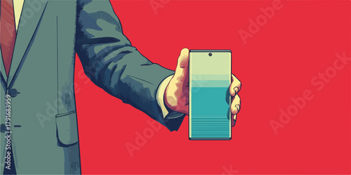 ビジネスマンがスマートフォンを差し出すベクターイラスト、赤背景