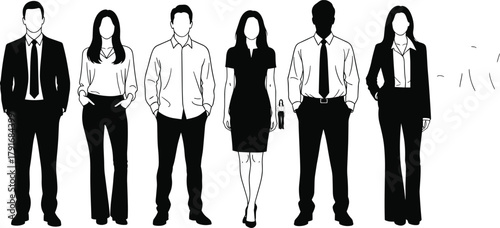 Business professionals, corporate team, silhouette people, office attire, career success, leadership concept, diversity in workplace, business group, formal clothing, teamwork