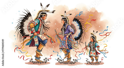 Three Indigenous dancers in traditional regalia perform a dance with feathers and ribbons against a soft, watercolor-style background.