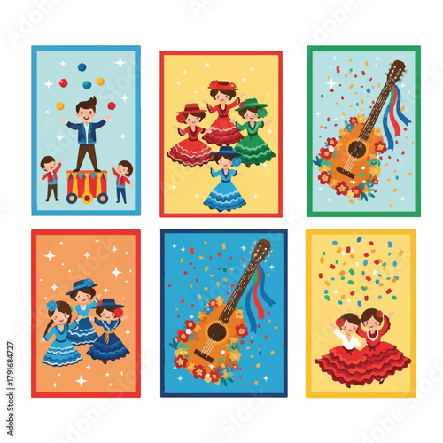 Six colorful illustrations depicting Spanish culture: a juggler, flamenco dancers, and guitars decorated with flowers and ribbons.