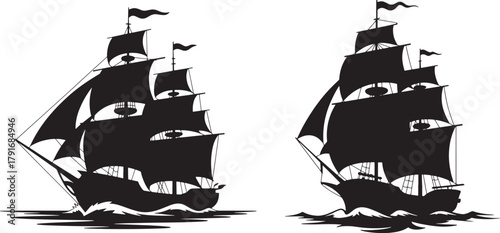 Black and White Sailing Ship Vector — Classic Clipper Ship Illustration in Minimalist Style