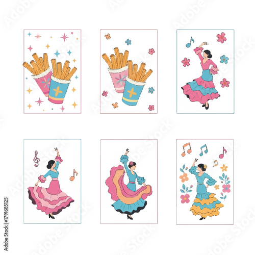 Collection of six colorful illustrations: two of churros in cups, and four of flamenco dancers in vibrant dresses.