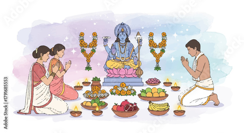 Illustration depicting a Hindu religious ceremony with people praying before a blue deity statue, offerings of fruit, flowers, and lit lamps.