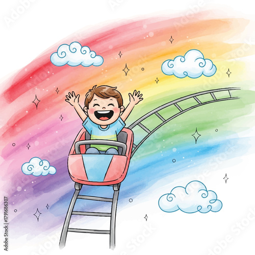 A happy cartoon boy rides a pink roller coaster on a rainbow track, surrounded by fluffy clouds and sparkling stars.