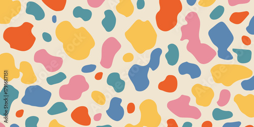 Abstract repeating black hand-drawn Y2K naive seamless pattern. Vector organic colorful doodle circle dotted background in 70s groovy style