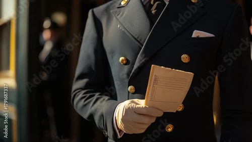 Formal attendant holds a ticket while standing near a vintage train at a bustling station during the golden hour