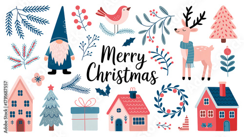 Whimsical Christmas elements for festive designs and holiday greetings