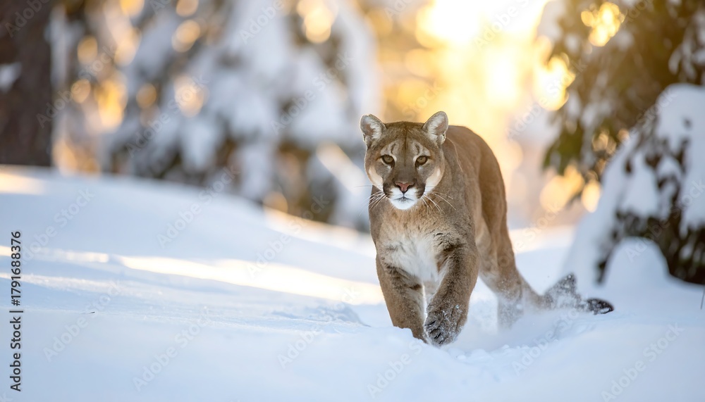 Fototapeta premium A majestic wild cat strides purposefully through a snow-covered environment, illuminated by the warm glow of the sun. The scene is naturalistic